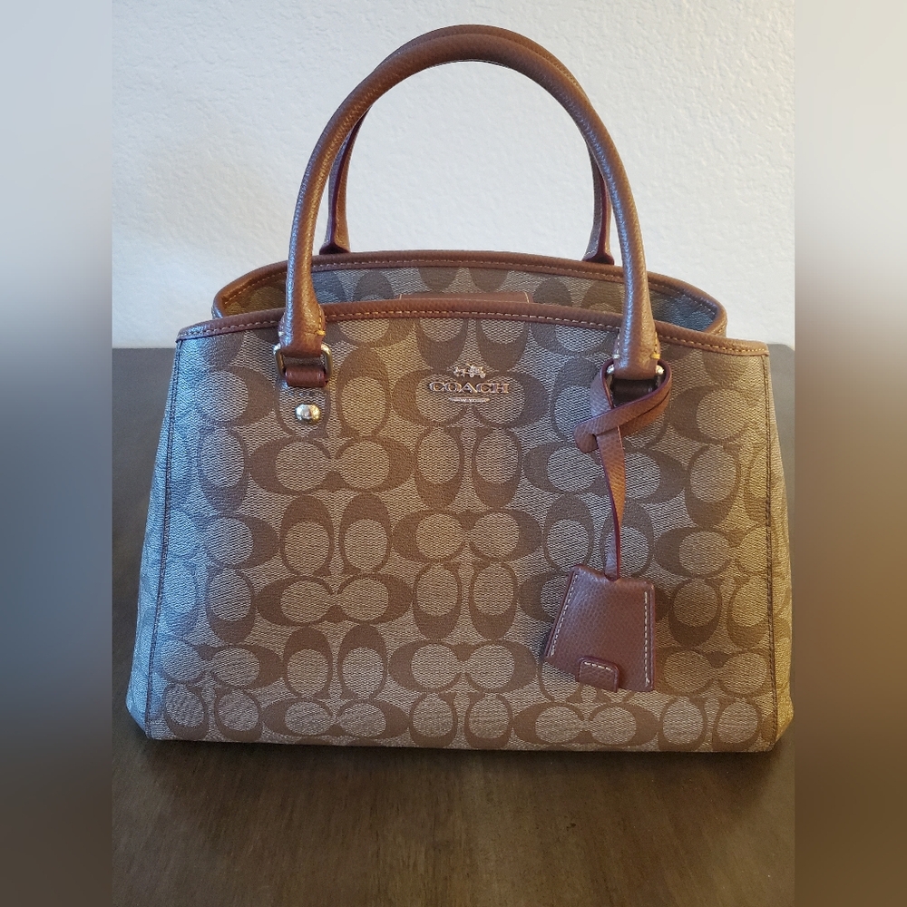 Coach Brown Signature Margo Carry All Canvas Satchel with Leather Trim